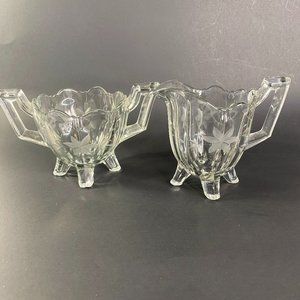 Vintage Glass Sugar and Creamer Set Footed with Etched Floral